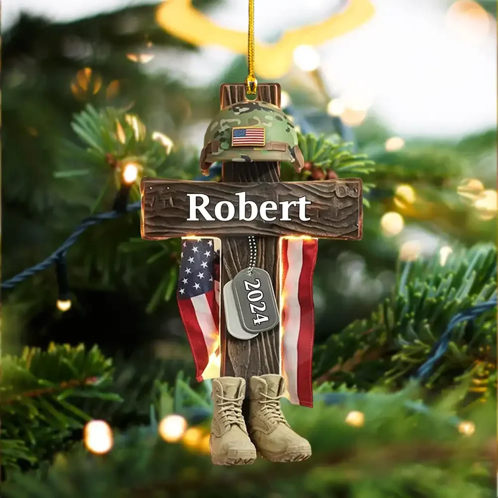 Military Cross Personalized Name Shaped Acrylic Ornament - Image 2