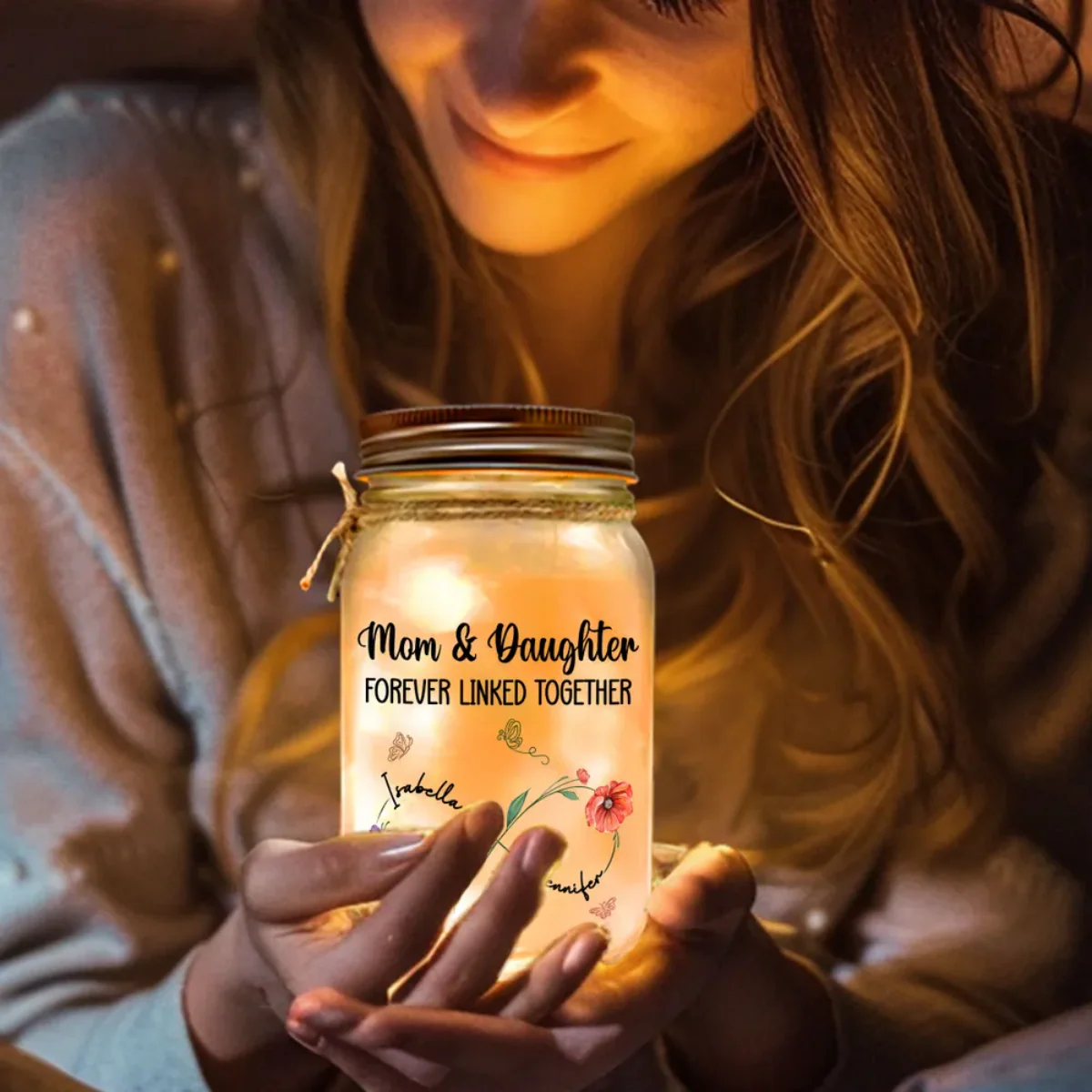 Mom And Daughter Forever Linked Together - Personalized Custom Mason Jar Light - Image 2