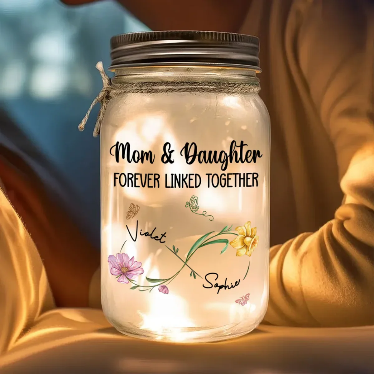 Mom And Daughter Forever Linked Together - Personalized Custom Mason Jar Light - Image 3