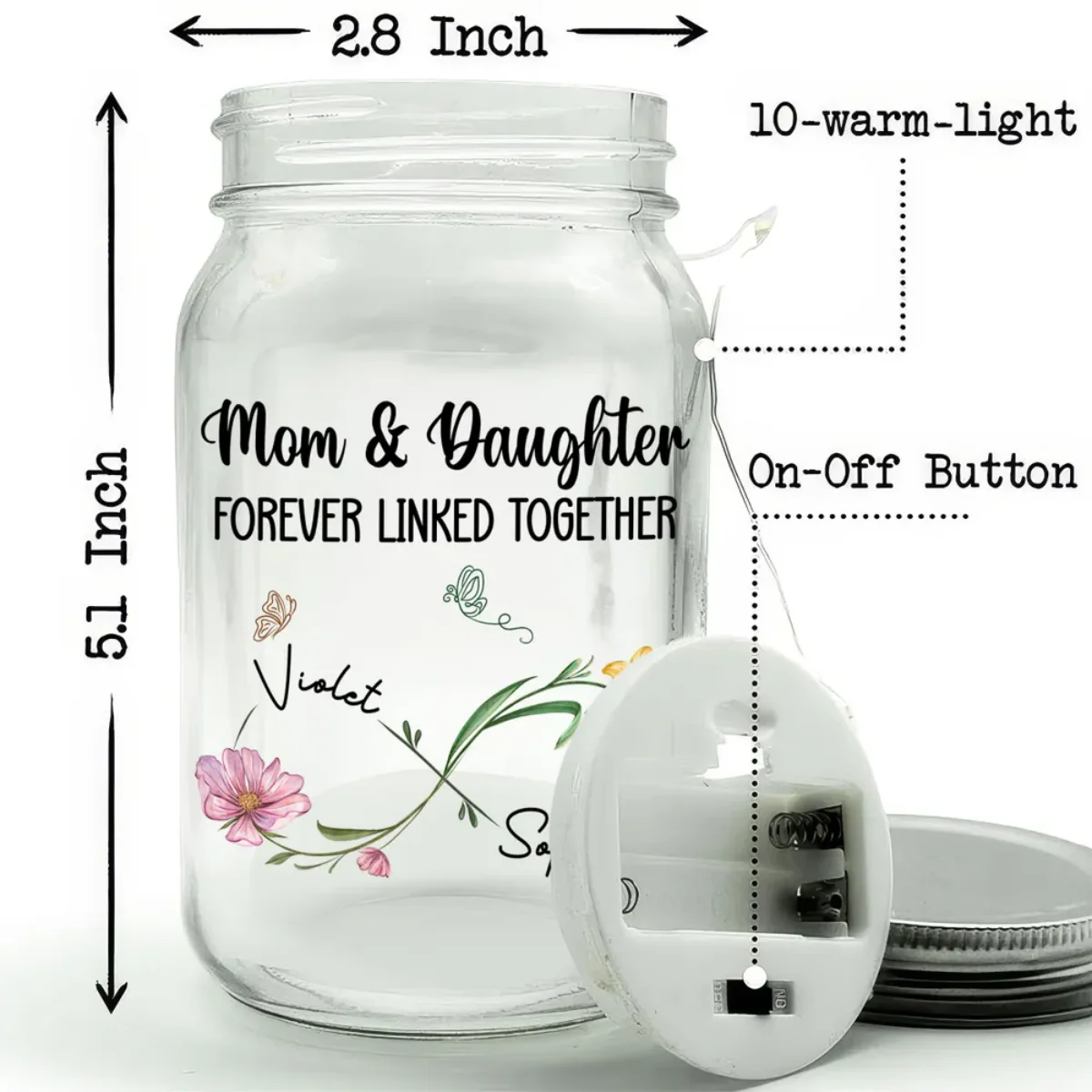 Mom And Daughter Forever Linked Together - Personalized Custom Mason Jar Light - Image 4