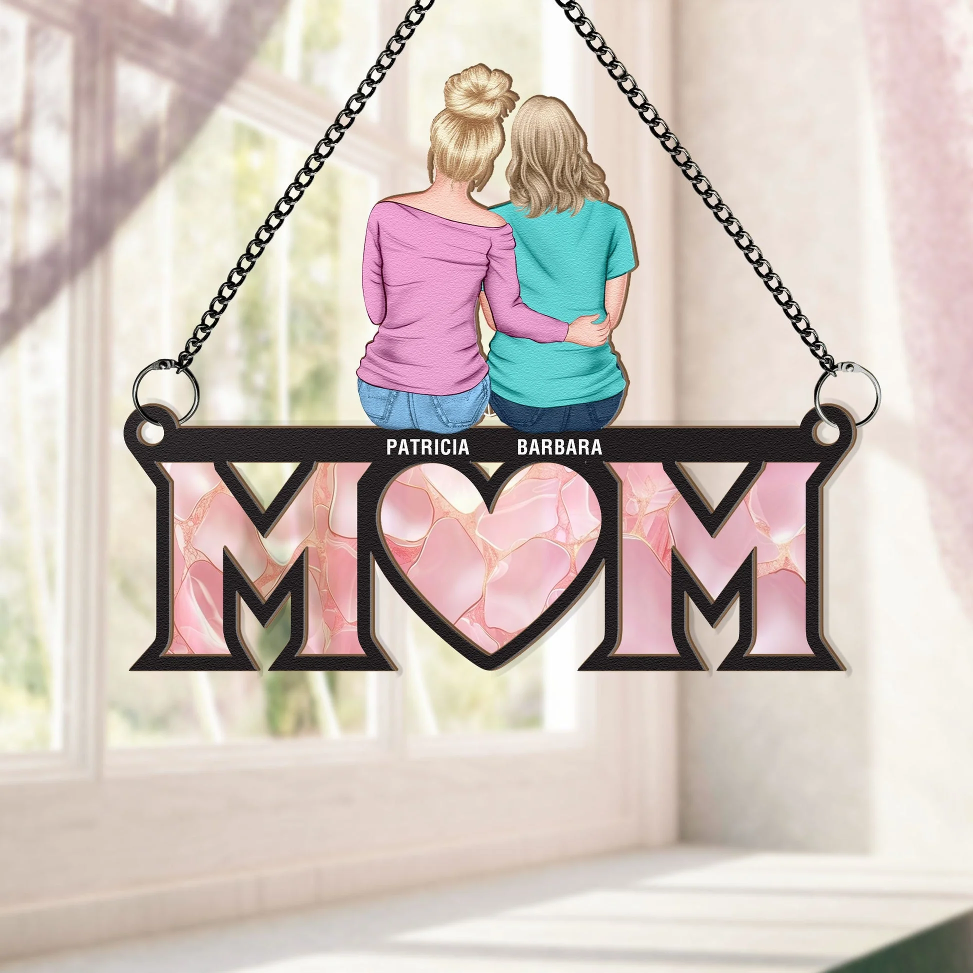 Mom, Children Sitting, Mother's Day Gift For Mom - Personalized Window Hanging Suncatcher Ornament - Image 2