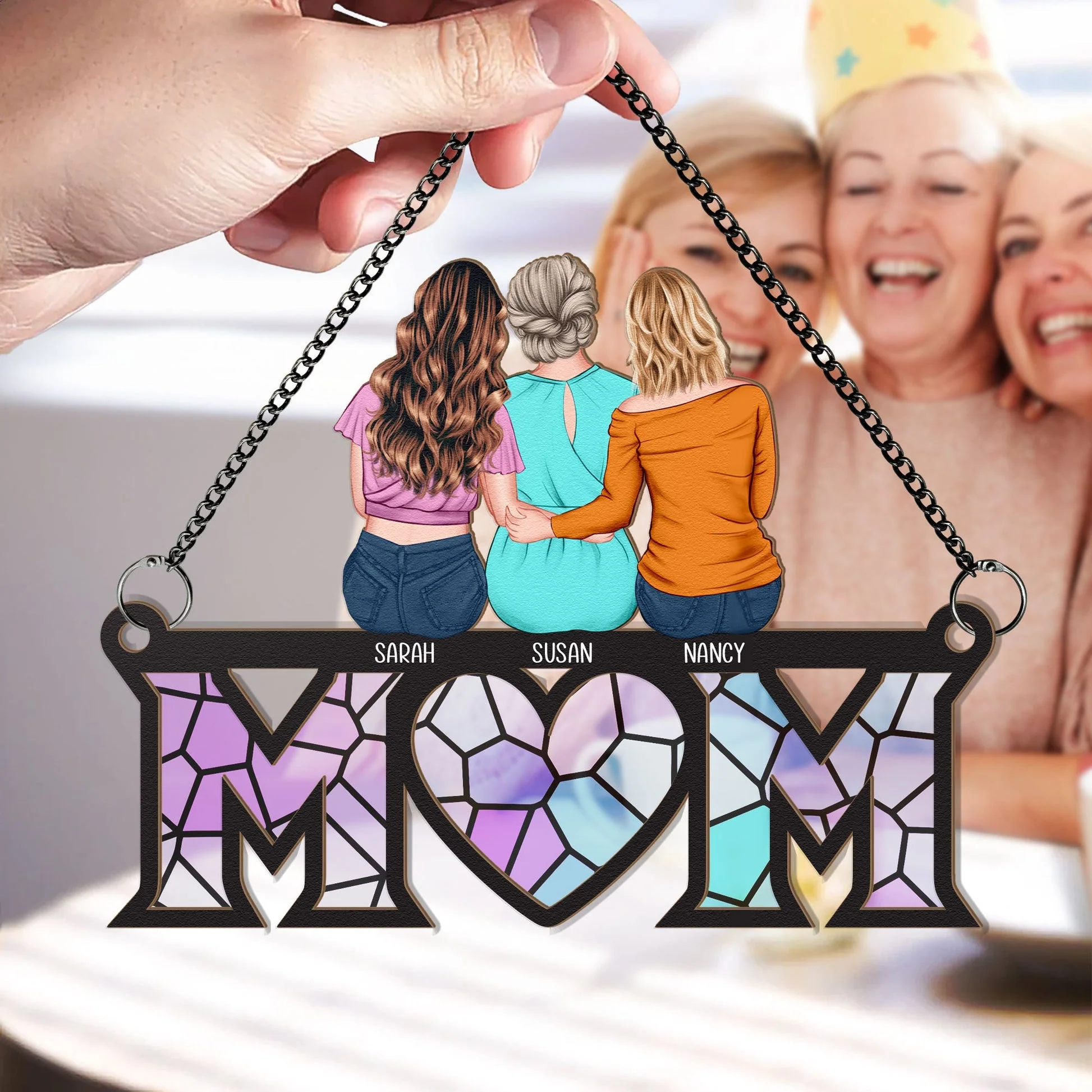 Mom, Children Sitting, Mother's Day Gift For Mom - Personalized Window Hanging Suncatcher Ornament - Image 3