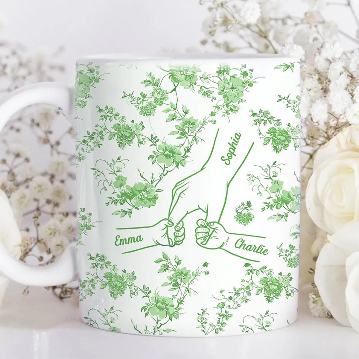 Mom & Kids Hands Holding Outline Chinoiseries Pattern Personalized Mug - Image 5