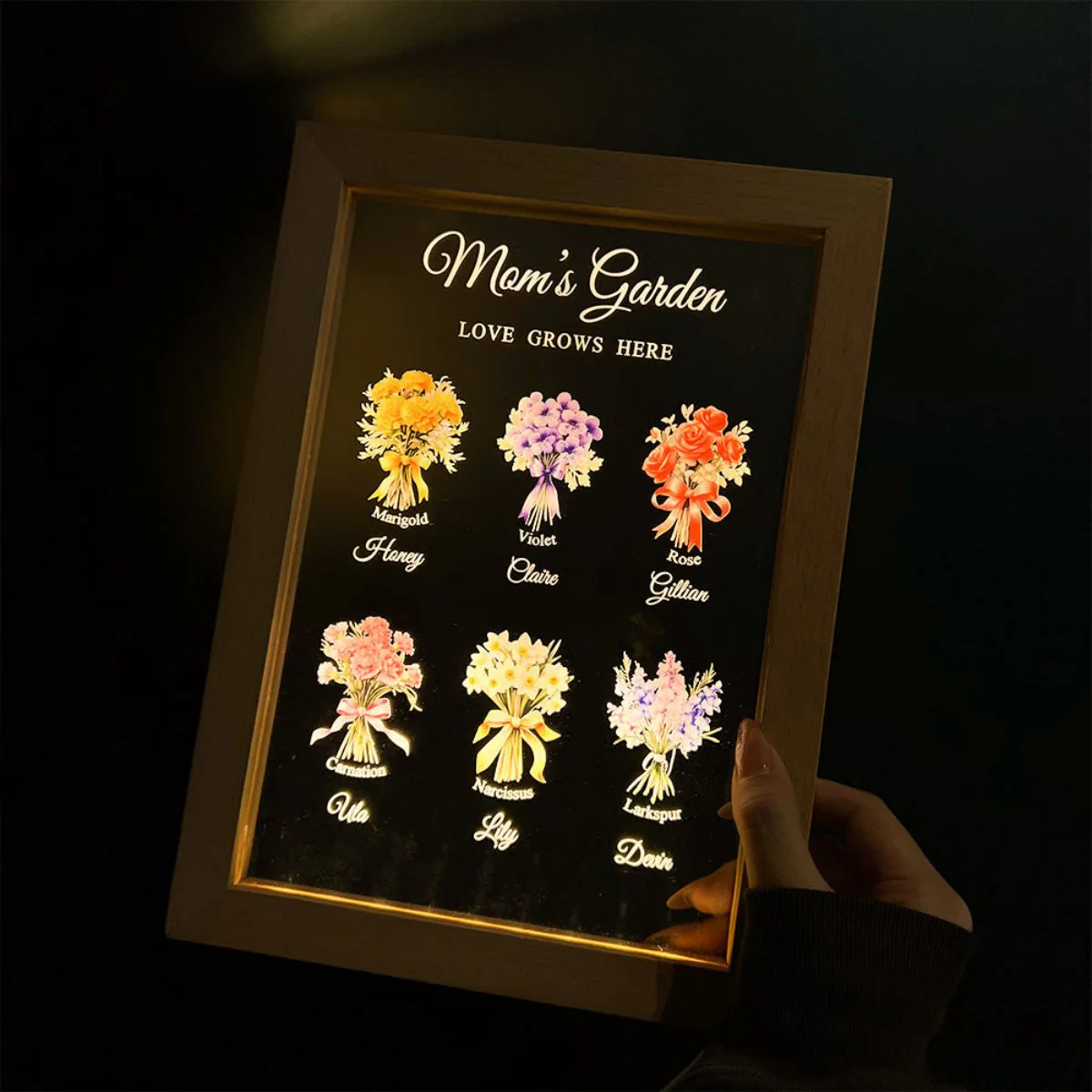 Mom's Garden Birth Month Flower Bouquet Customized LED Light With Wooden Frame - Image 2