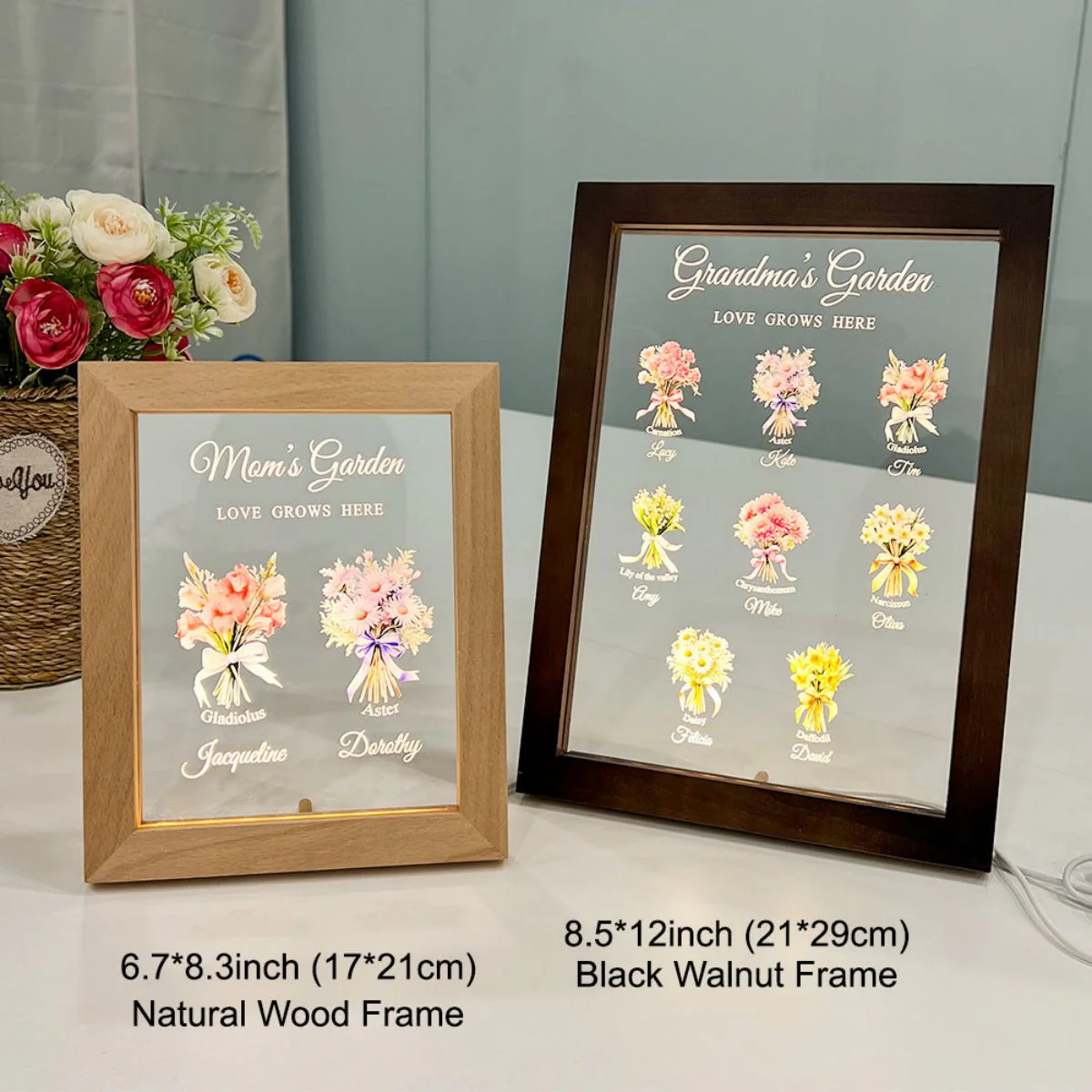 Mom's Garden Birth Month Flower Bouquet Customized LED Light With Wooden Frame - Image 6