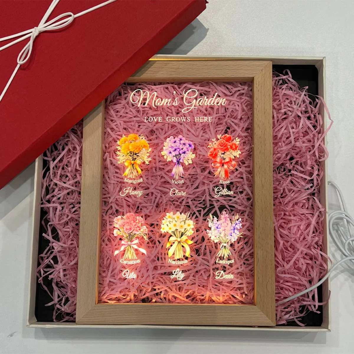 Mom's Garden Birth Month Flower Bouquet Customized LED Light With Wooden Frame - Image 7