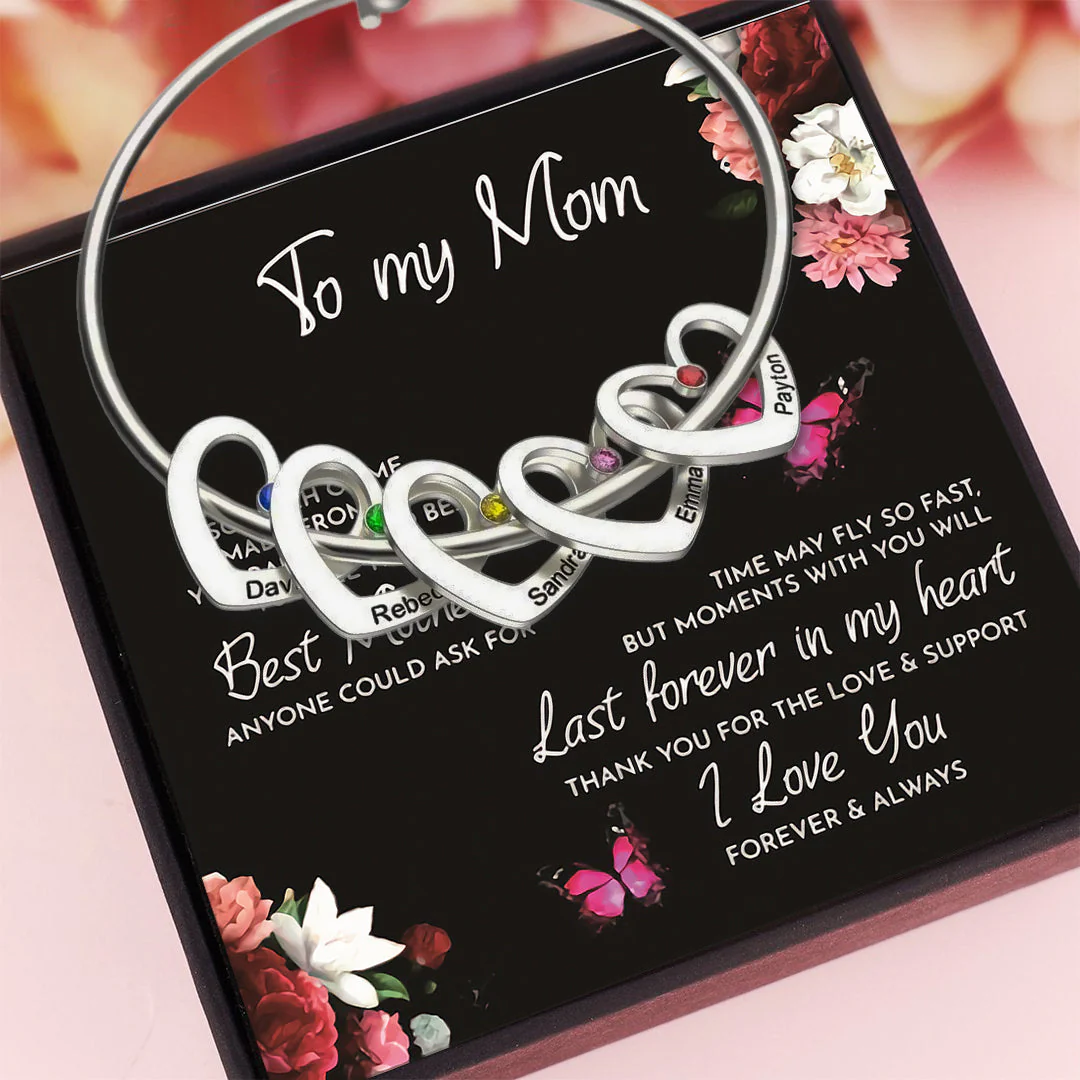Mother's Day Gift Heart Charm Bangle with Personalized Birthstones and Names - Image 12
