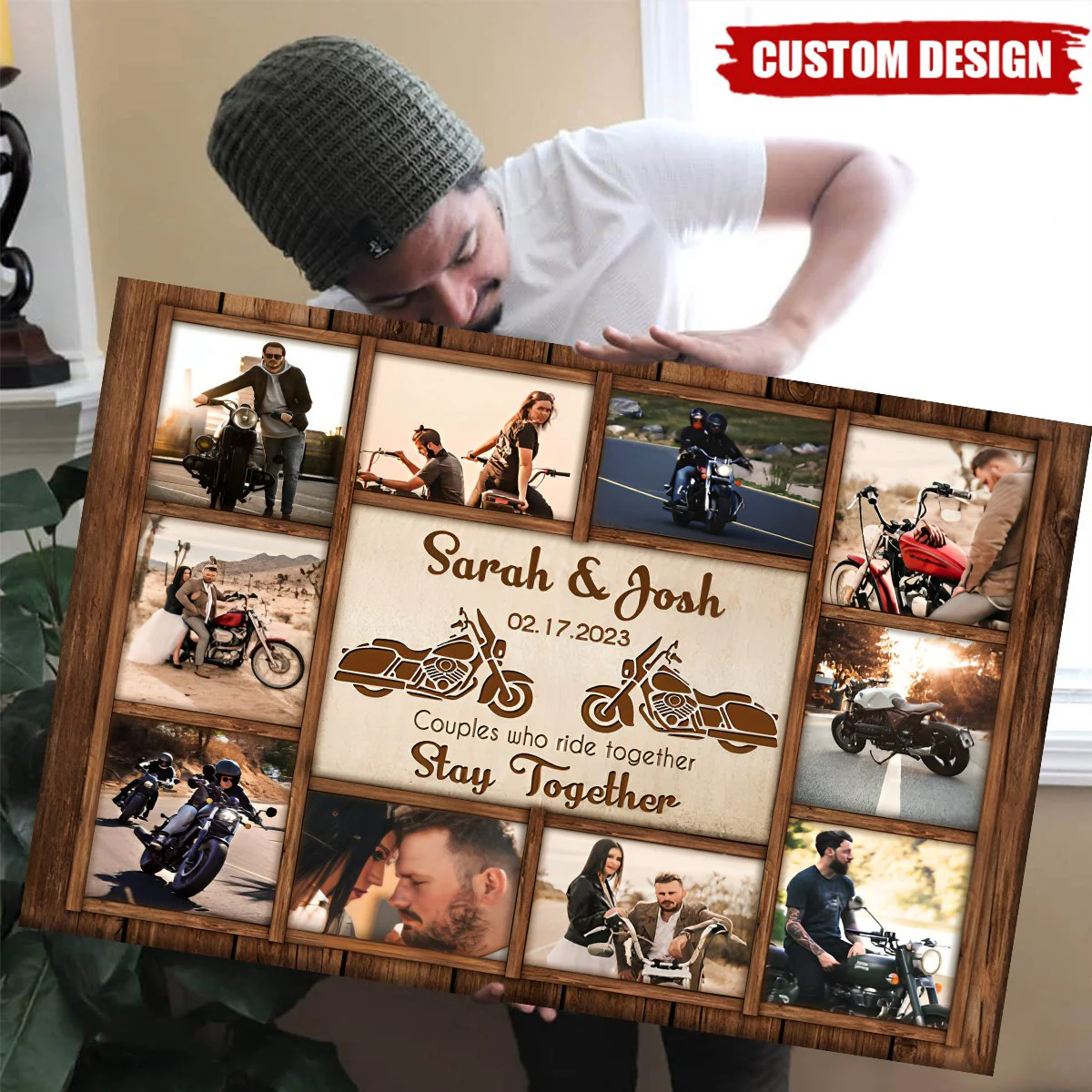 Motorcycle Name Sign, Personalized Couple Photo Collage Poster - Gift for Biker Couple - Image 2