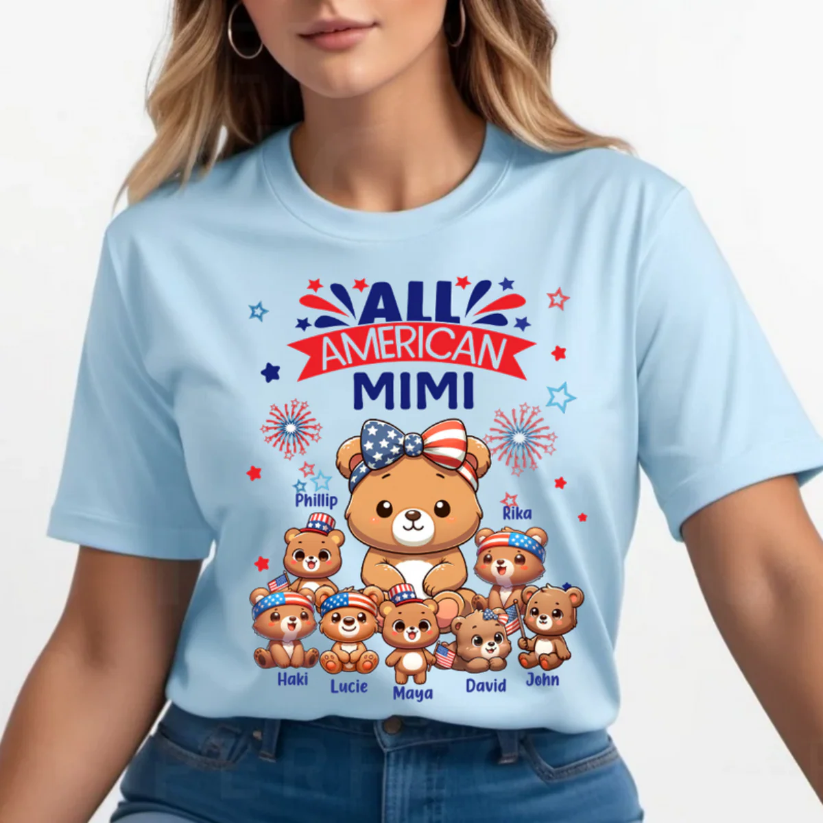 Nana Grandma Cute Bear 4th of July Gift Personalized Pure Cotton T-Shirt - Image 4