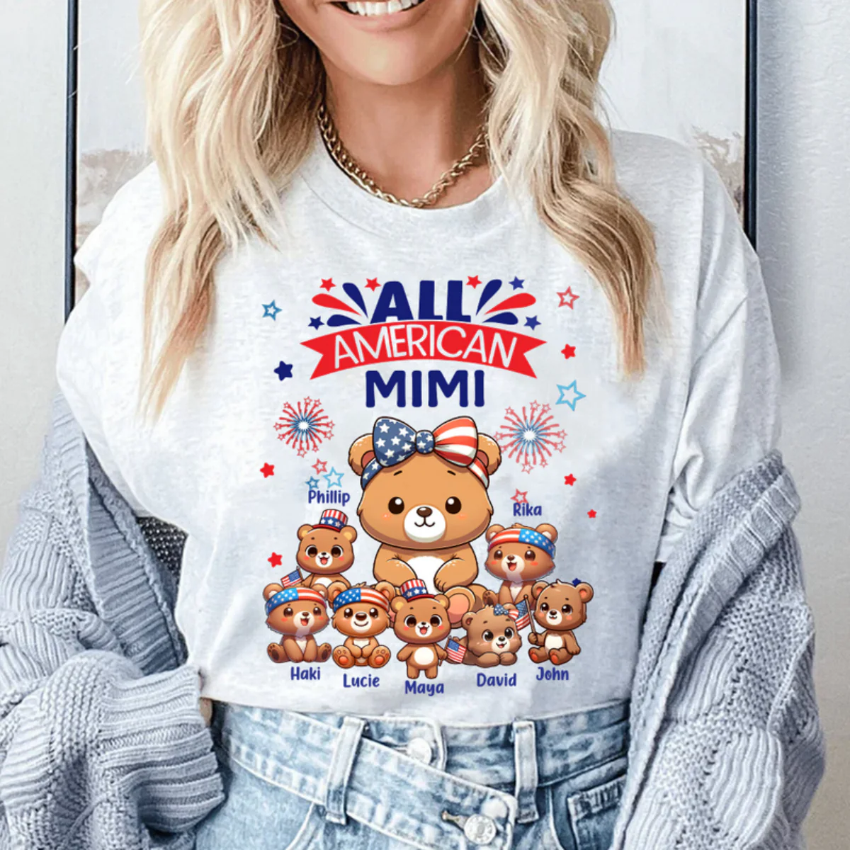 Nana Grandma Cute Bear 4th of July Gift Personalized Pure Cotton T-Shirt - Image 5