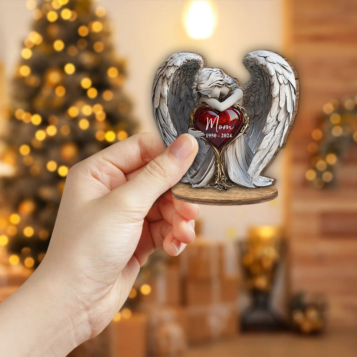 On Angels Wings - Personalized Memorial Freestanding Wood Plaque - Image 6