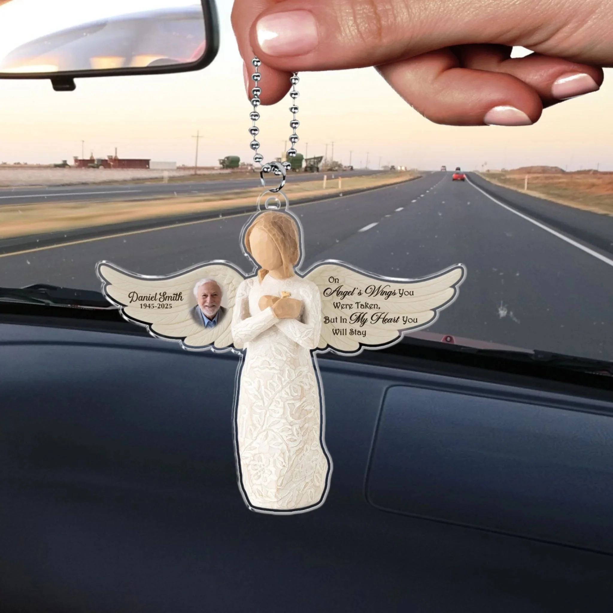 On Angel's Wings You Were Taken, But In My Heart You Will Stay - Personalized Acrylic Car Hanger, Remembrance Angel, Memorial Gift - Image 2