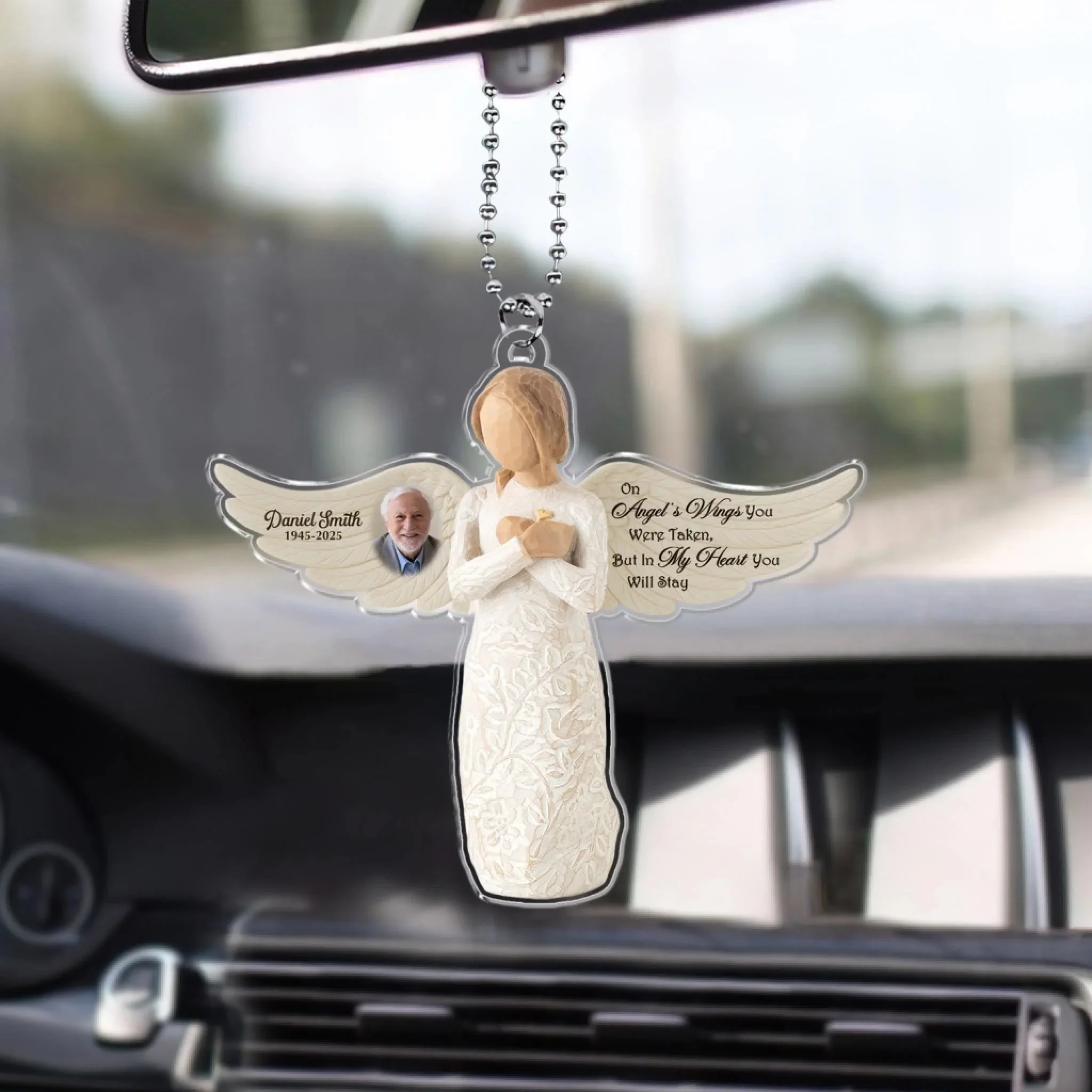 On Angel's Wings You Were Taken, But In My Heart You Will Stay - Personalized Acrylic Car Hanger, Remembrance Angel, Memorial Gift - Image 5
