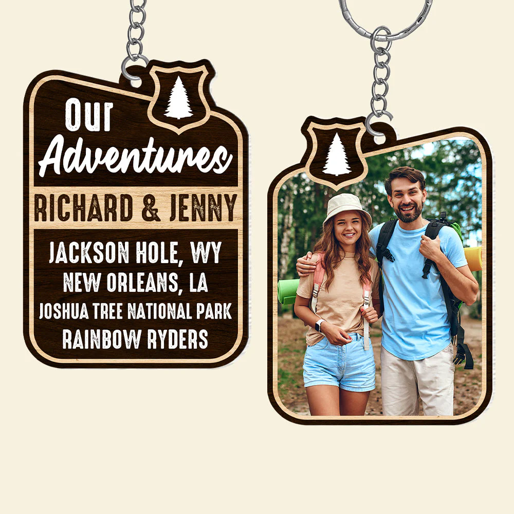 Our Adventures, Custom Camping Couple Photo Personalized Acrylic Keychain - Image 5