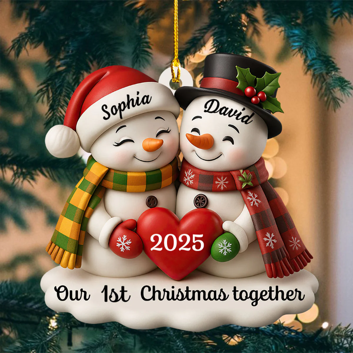 Our Christmas Together, Snowmen With Hearts and Holly, Personalized Acrylic Ornament, Gift for Couples and Family - Image 3