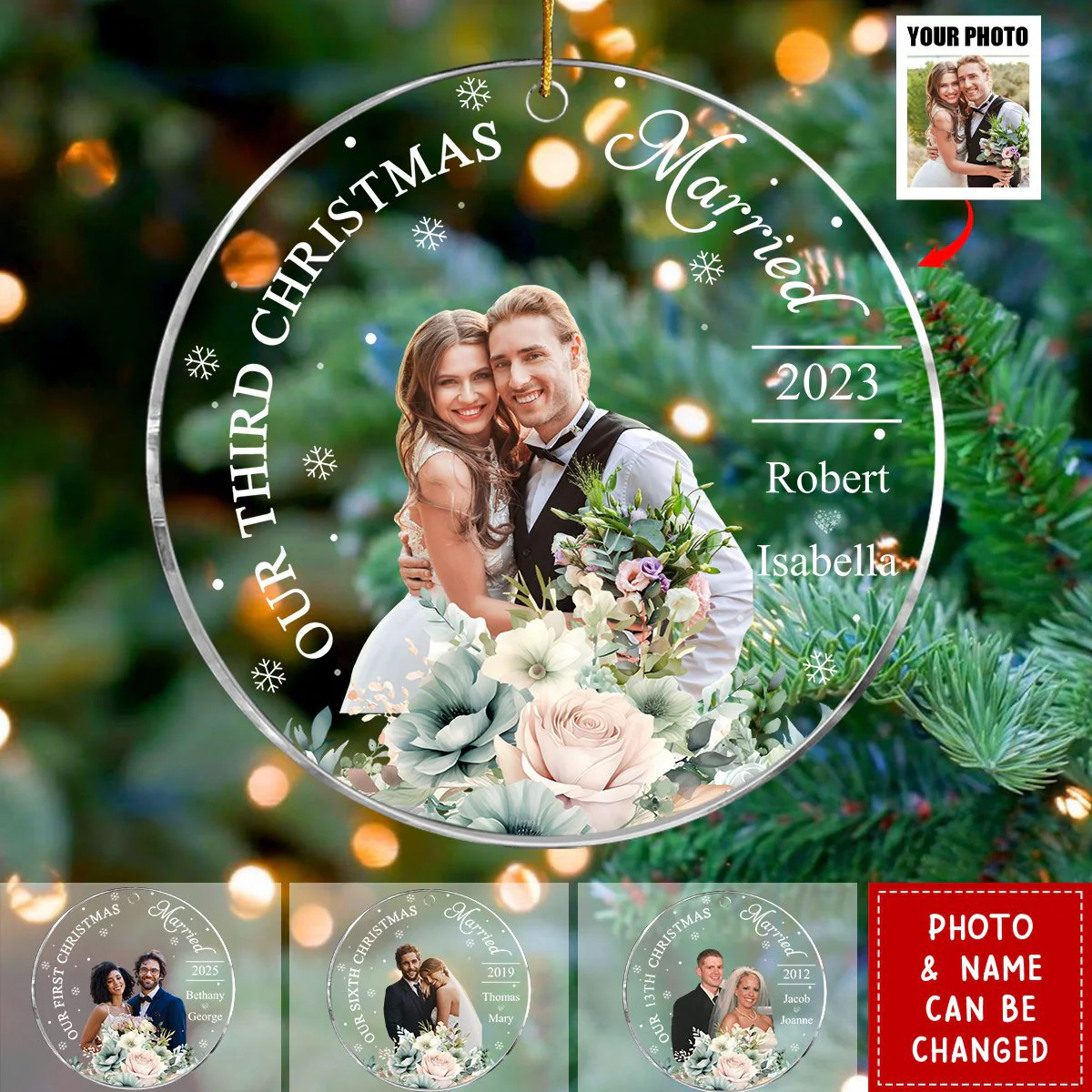 Our First Christmas Married - Personalized Photo Acrylic Ornament, Christmas Gift For Couple - Image 3