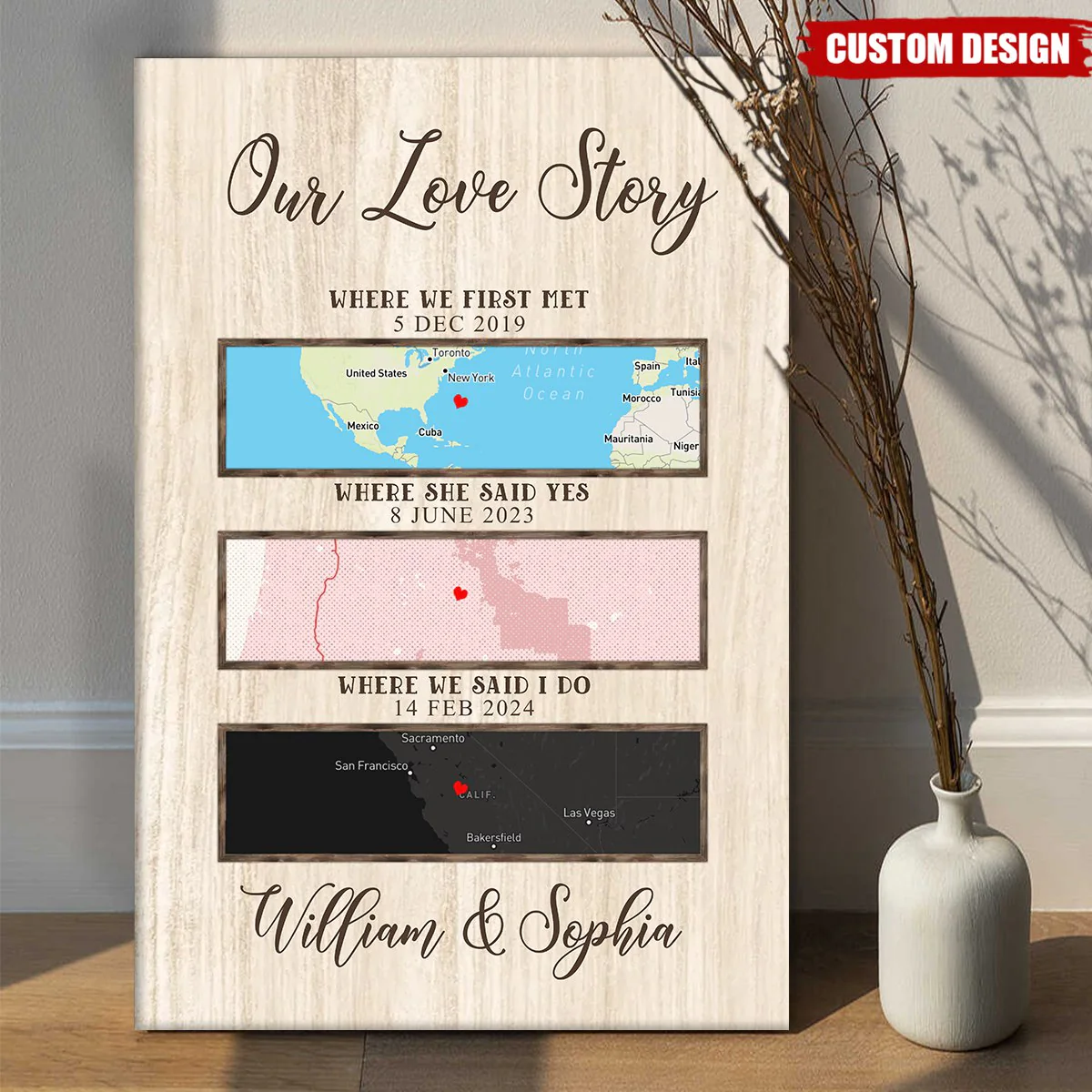 Our Love Story Map Gift, First Met Map Print, Personalized Street Maps Canvas - Image 2