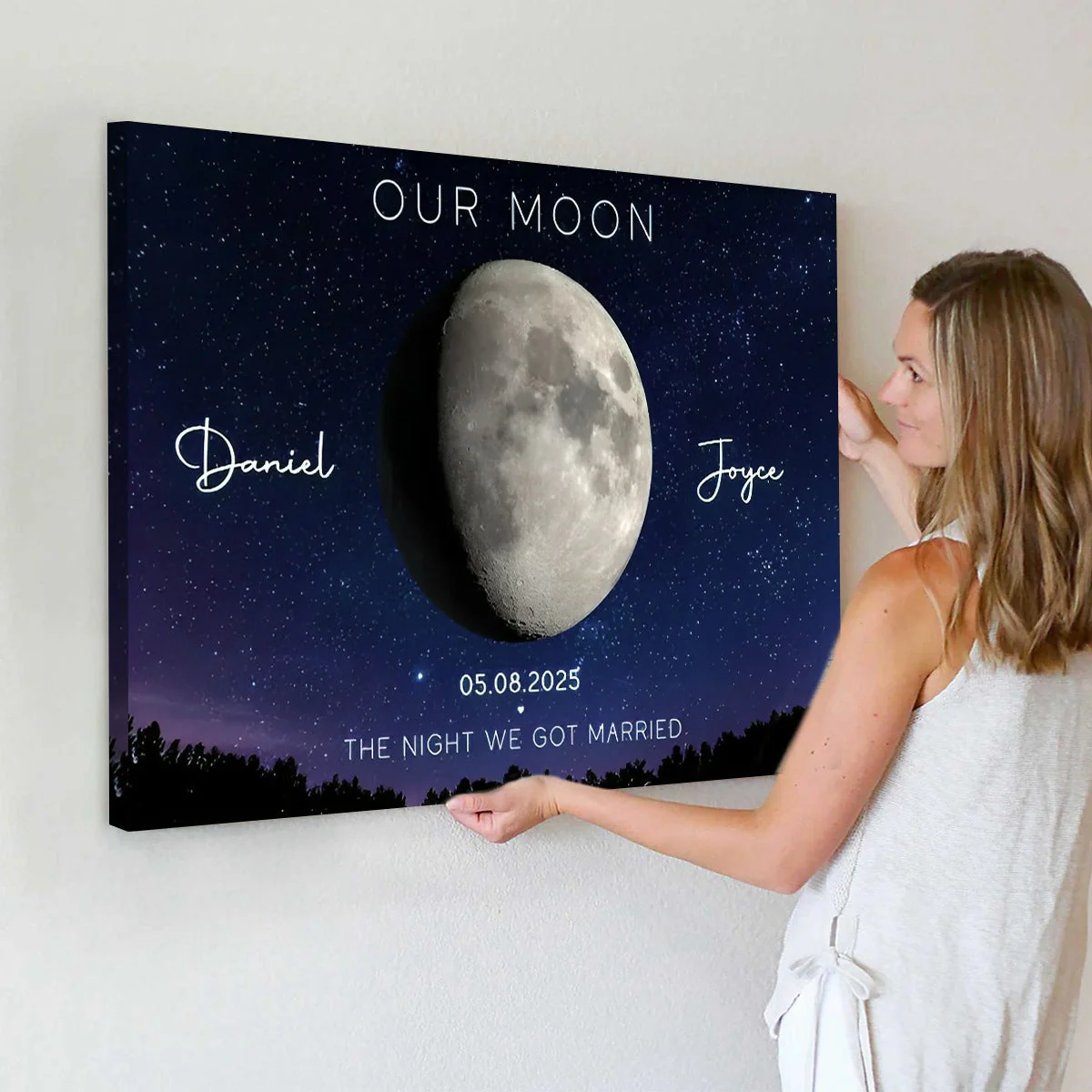 Our Moon Couple Gift Moon Phase Art Anniversary for Wife, Gift for Husband Personalized Canvas Poster - Image 3
