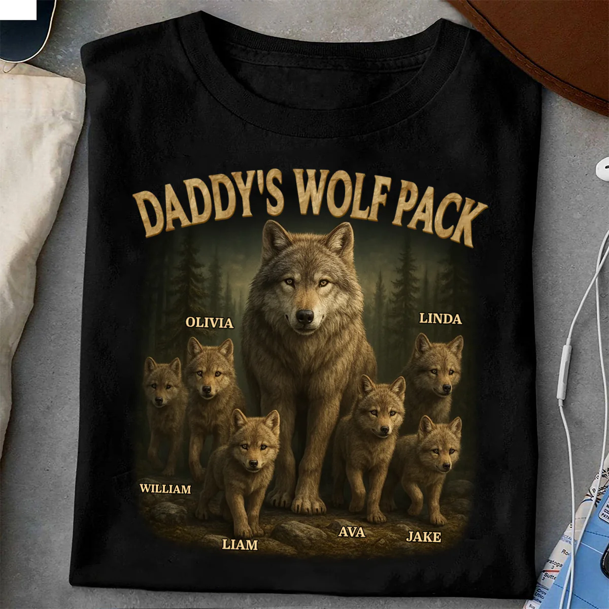 Papa’s Wolf Pack - Family Personalized Pure Cotton T-Shirt Father's Day Gift For Dad, Grandpa - Image 2