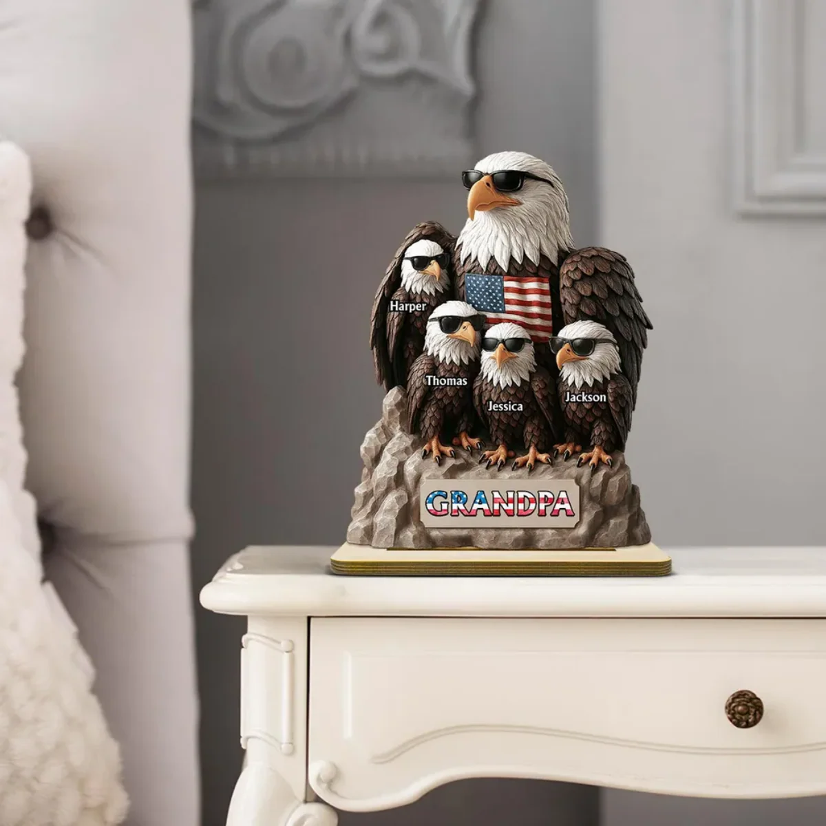 Patriotic Eagle Grandpa Dad & Kids Personalized Standing Wooden Plaque, Gift For Dad Grandpa - Image 2
