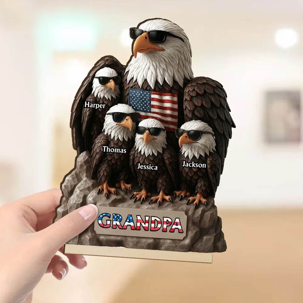 Patriotic Eagle Grandpa Dad & Kids Personalized Standing Wooden Plaque, Gift For Dad Grandpa - Image 3