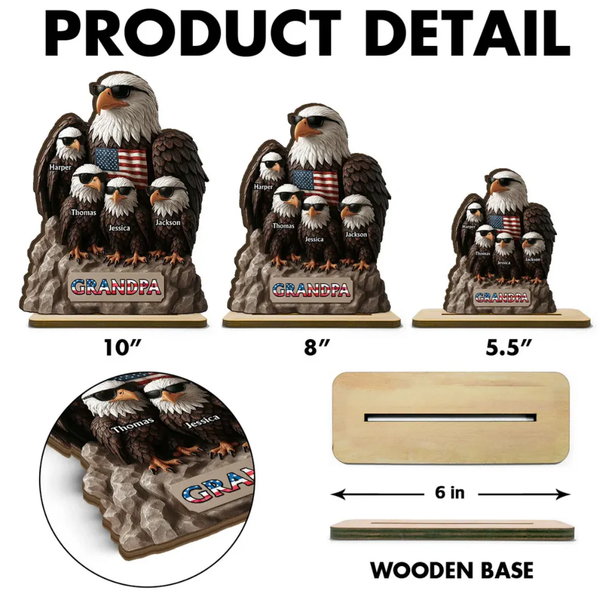 Patriotic Eagle Grandpa Dad & Kids Personalized Standing Wooden Plaque, Gift For Dad Grandpa - Image 5