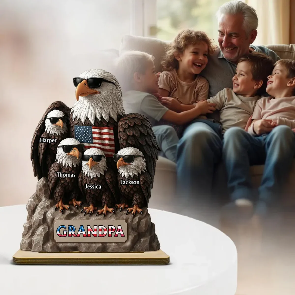 Patriotic Eagle Grandpa Dad & Kids Personalized Standing Wooden Plaque, Gift For Dad Grandpa - Image 6