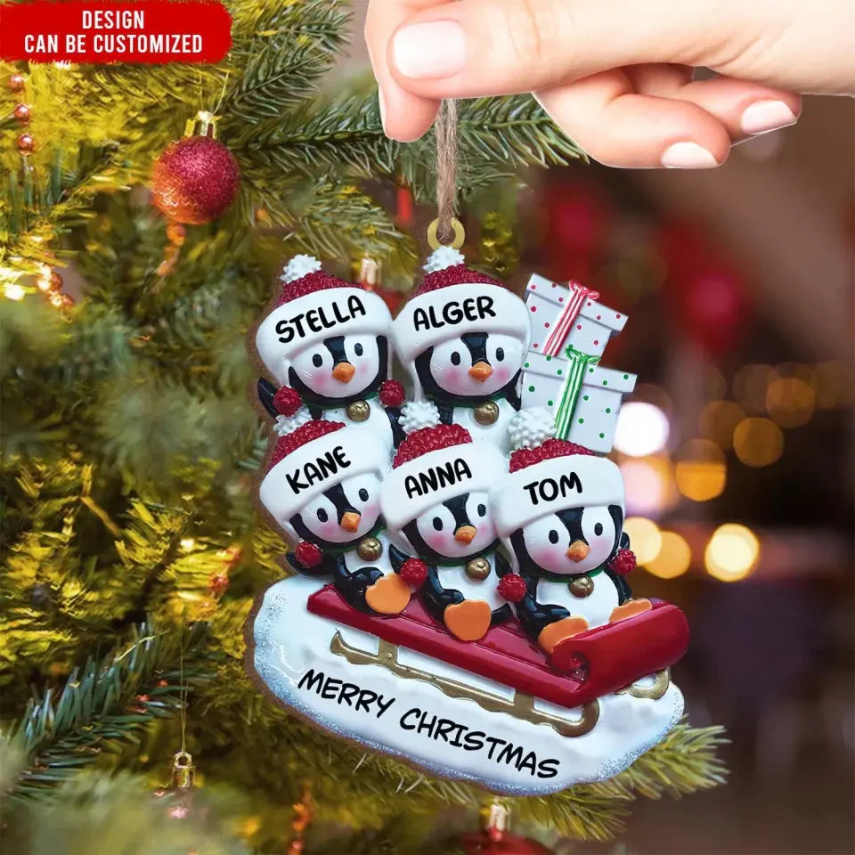 Penguin Family On Sled - Personalized Christmas Wood Ornament - Image 2