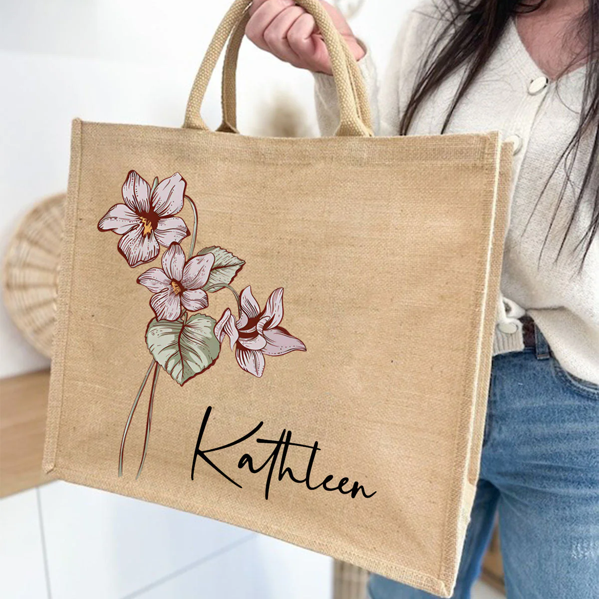 Personalized Birth Flower Beach Jute Tote Bag - Image 2