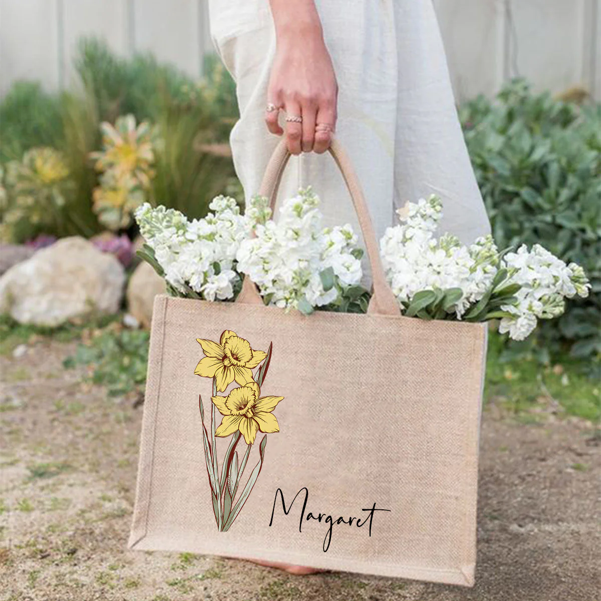 Personalized Birth Flower Beach Jute Tote Bag - Image 3