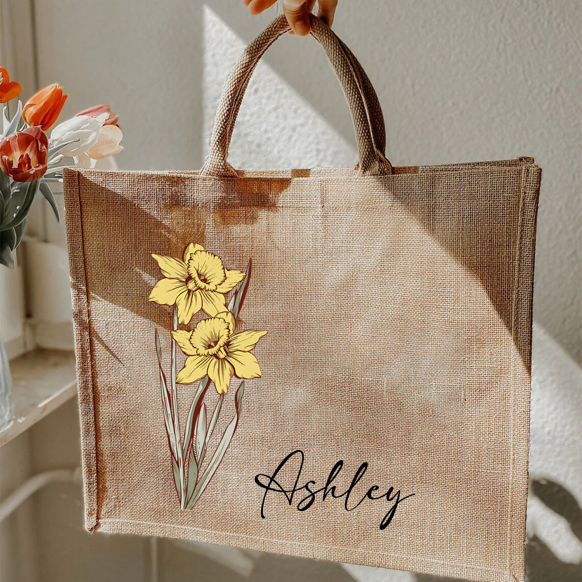 Personalized Birth Flower Beach Jute Tote Bag - Image 4