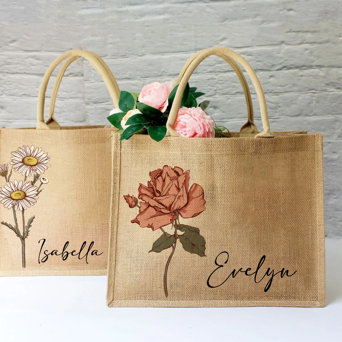 Personalized Birth Flower Beach Jute Tote Bag - Image 5