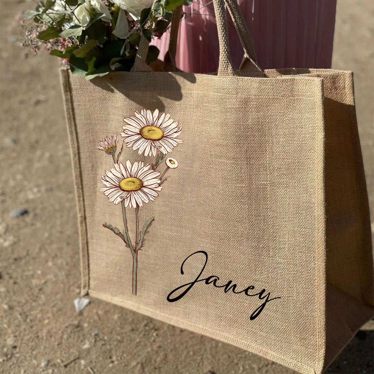 Personalized Birth Flower Beach Jute Tote Bag - Image 6