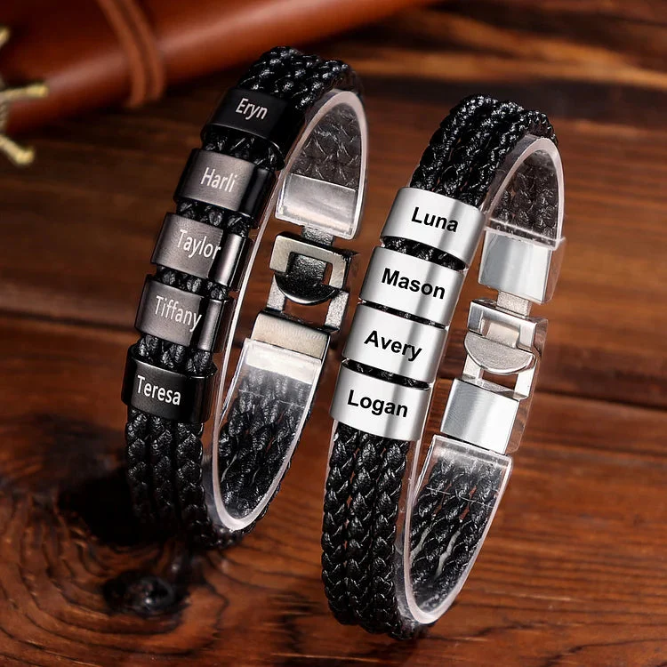 Personalized Braided Leather Bracelet Engraved 8 Names Gifts For Family,Couples - Image 10