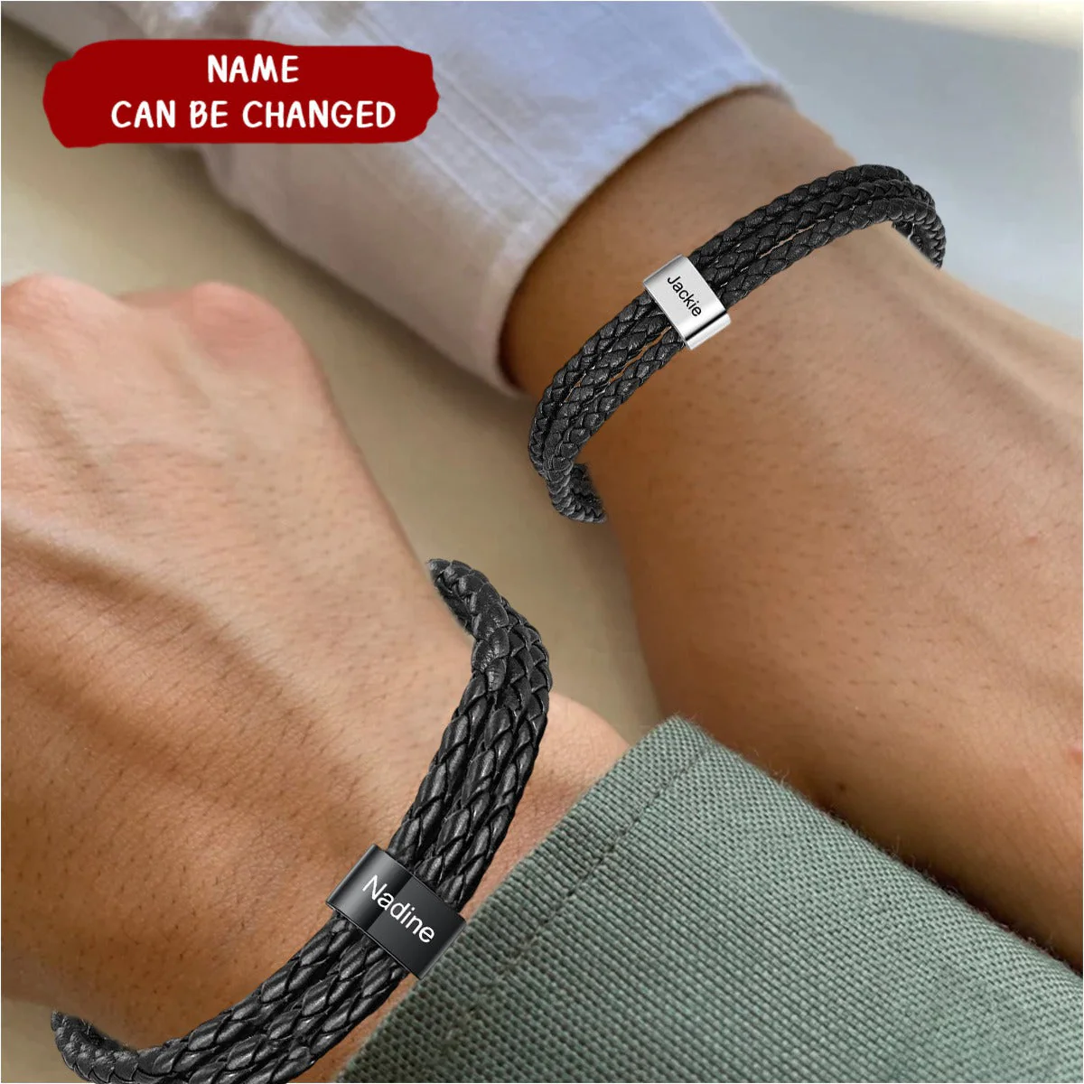 Personalized Braided Leather Bracelet Engraved 8 Names Gifts For Family,Couples - Image 2