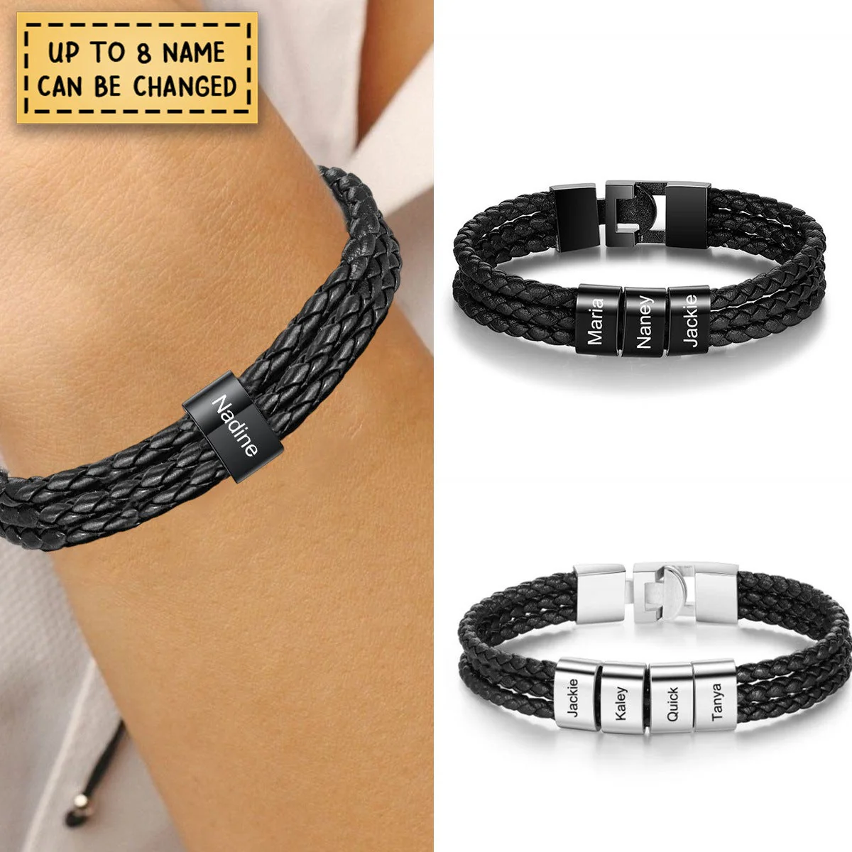 Personalized Braided Leather Bracelet Engraved 8 Names Gifts For Family,Couples - Image 3
