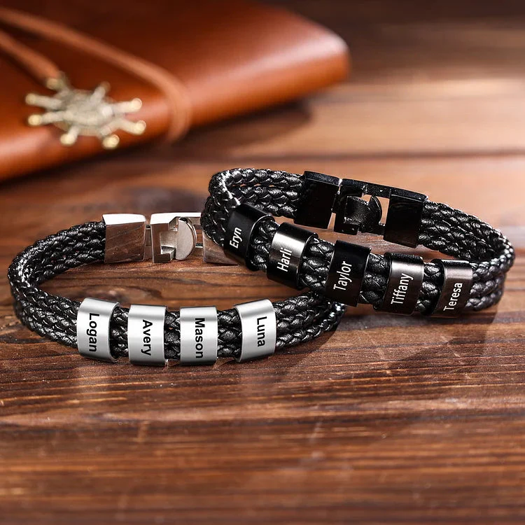 Personalized Braided Leather Bracelet Engraved 8 Names Gifts For Family,Couples - Image 4