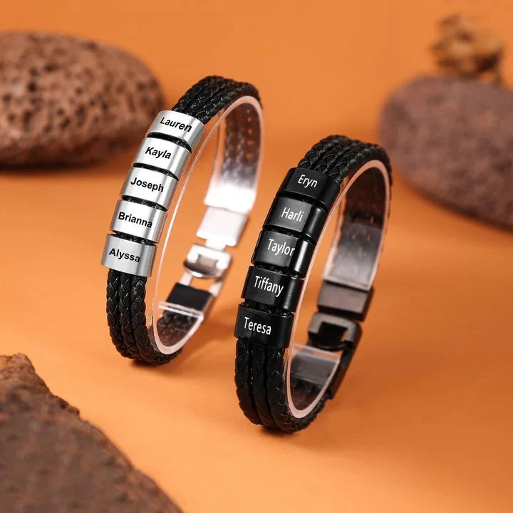 Personalized Braided Leather Bracelet Engraved 8 Names Gifts For Family,Couples - Image 8