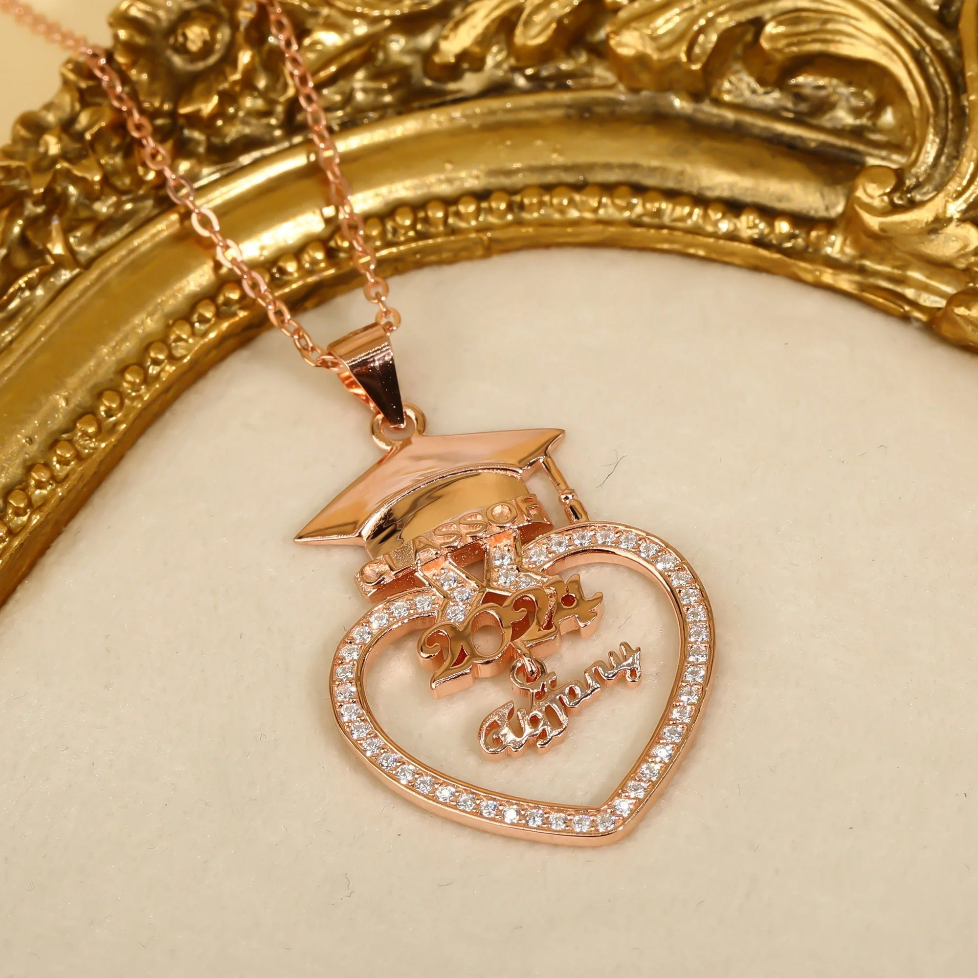 Personalised Graduation Cap Heart Necklace with Name Class of 2024 Graduation - Image 3