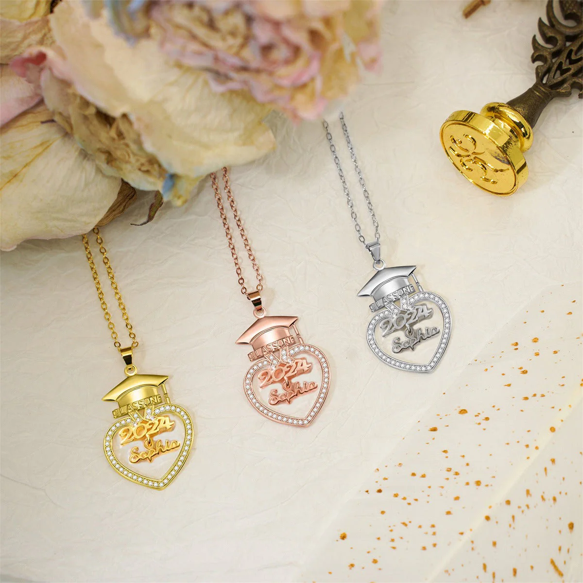 Personalised Graduation Cap Heart Necklace with Name Class of 2024 Graduation - Image 4