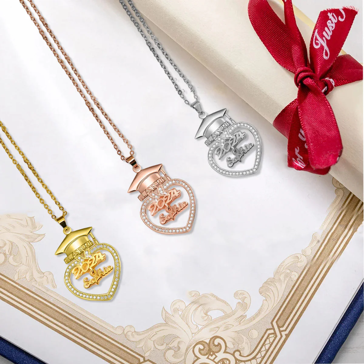 Personalised Graduation Cap Heart Necklace with Name Class of 2024 Graduation - Image 5