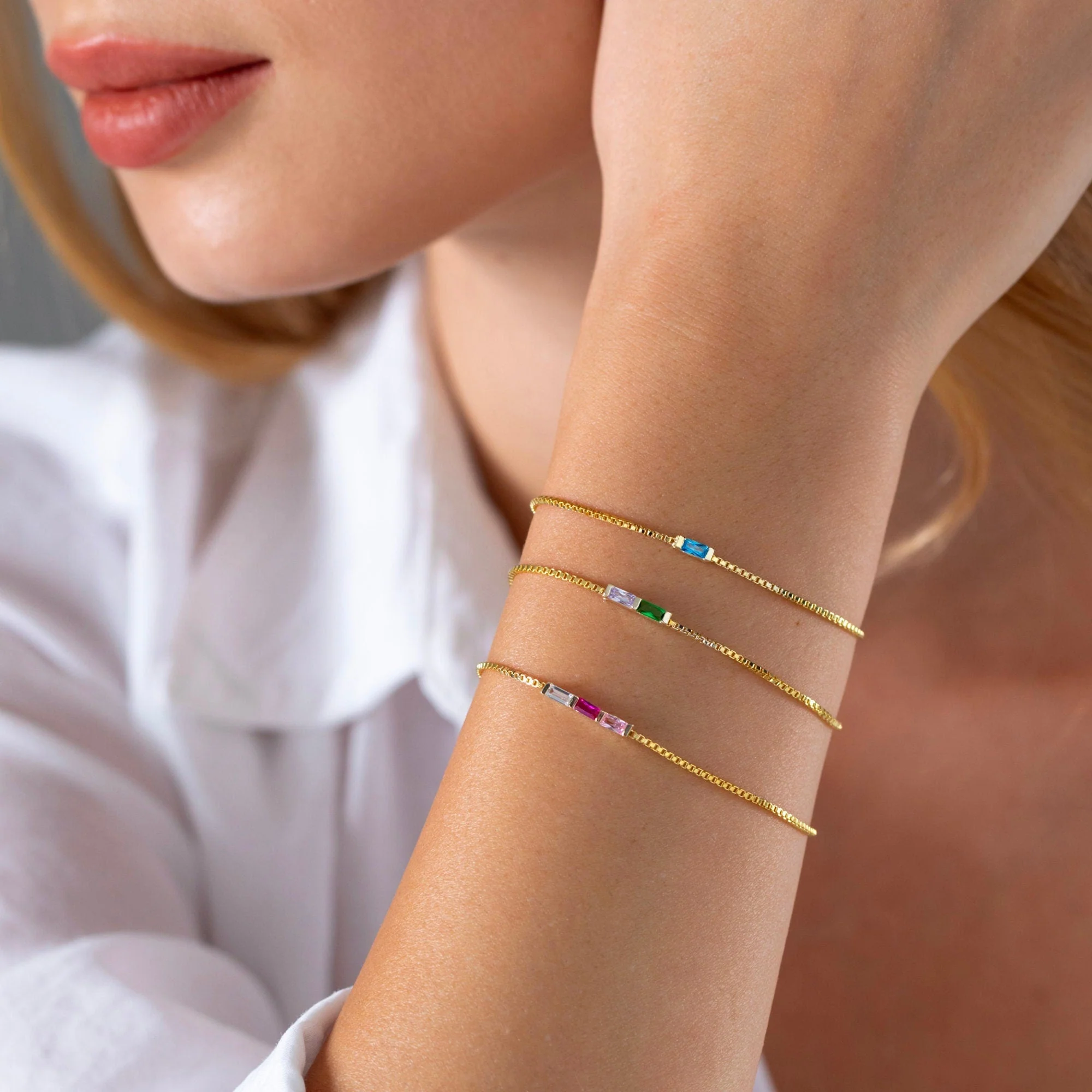 Personalized 1-6 Baguette Birthstones Dainty Bracelet - Image 2