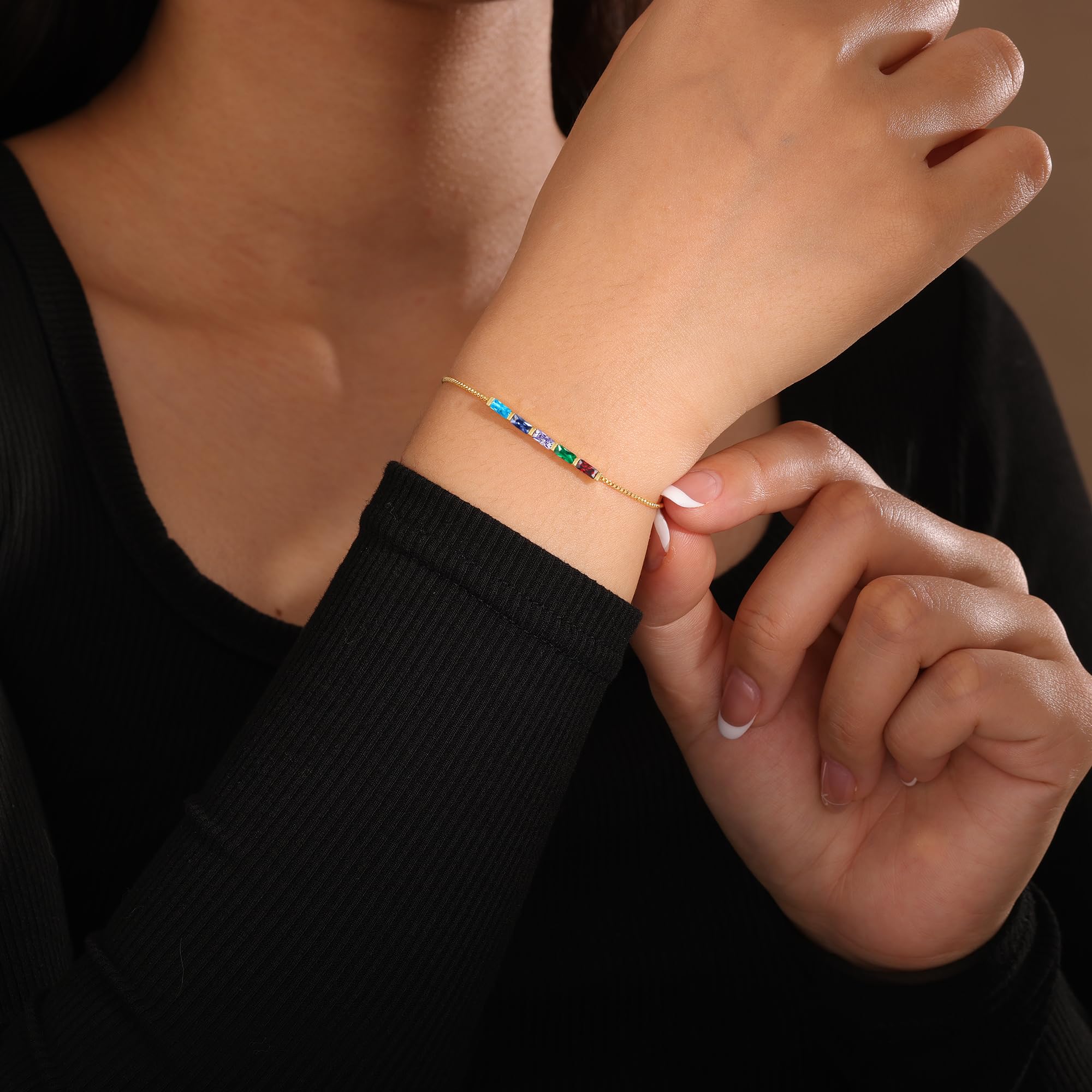 Personalized 1-6 Baguette Birthstones Dainty Bracelet - Image 4