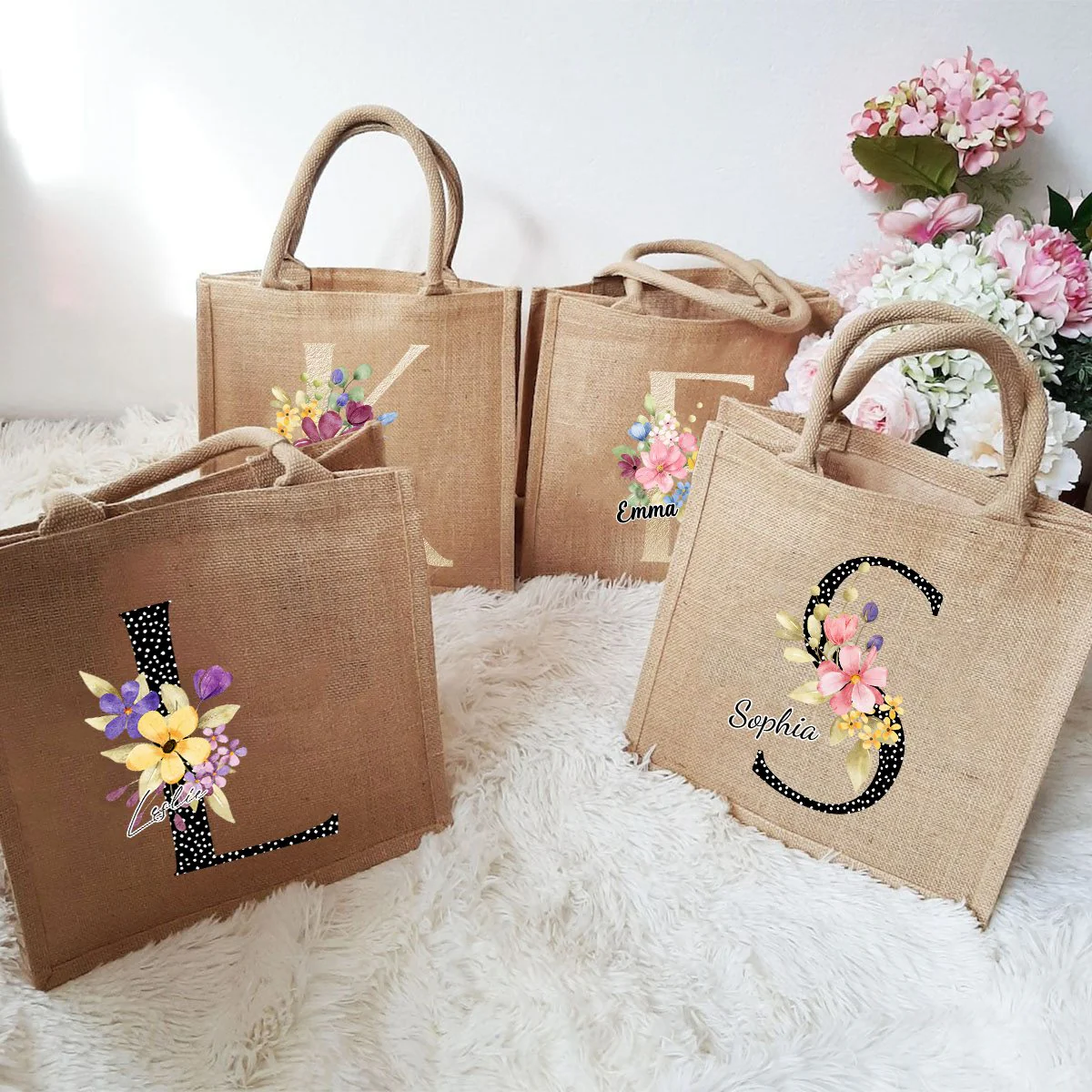 Personalized Alphabet Letter Floral Monogram Name Jute Tote Bag - Image 2