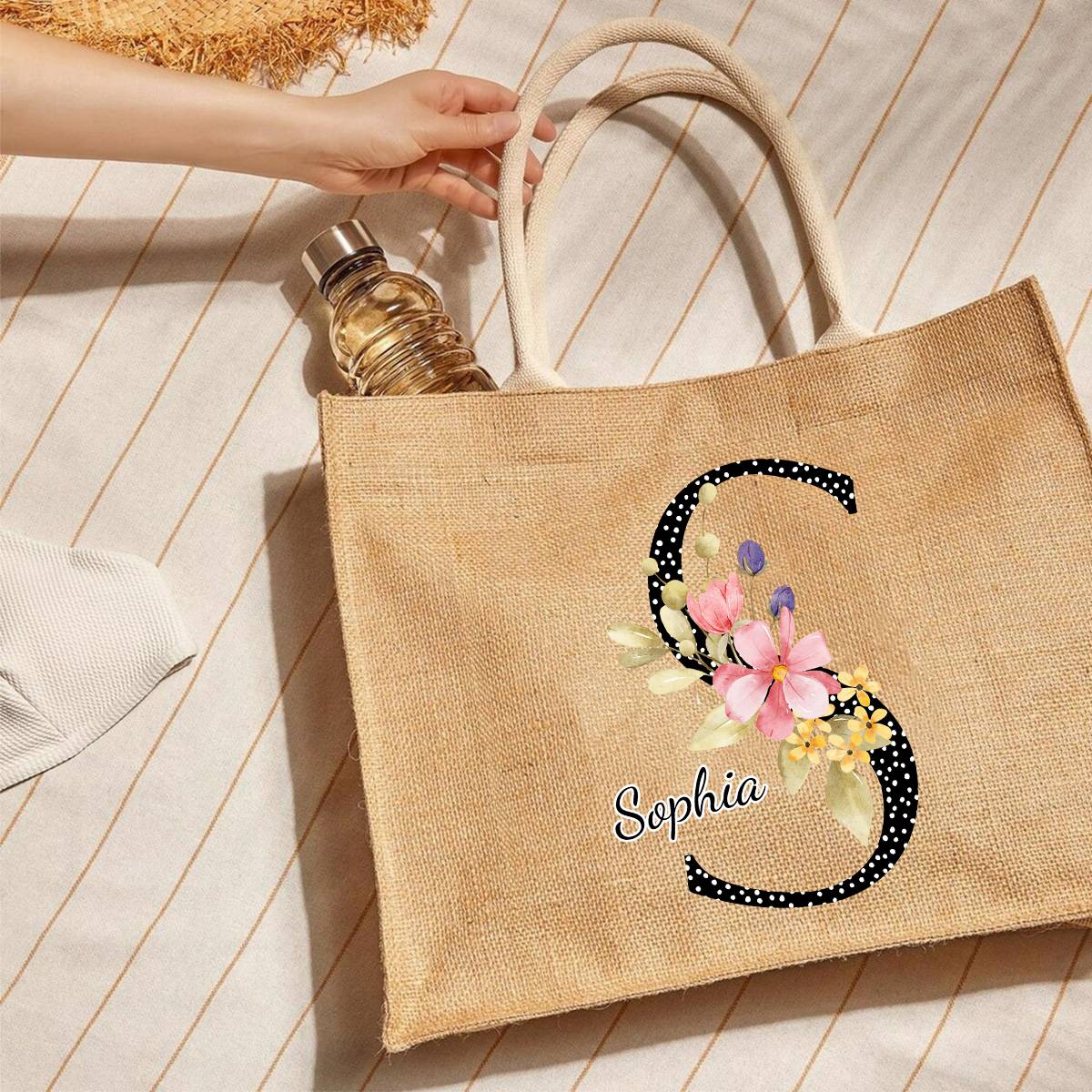 Personalized Alphabet Letter Floral Monogram Name Jute Tote Bag - Image 3