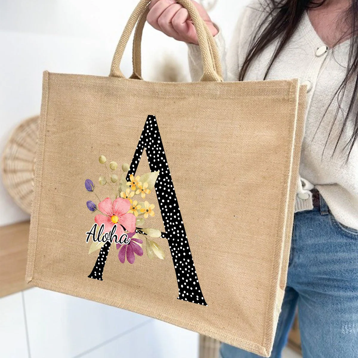 Personalized Alphabet Letter Floral Monogram Name Jute Tote Bag - Image 4