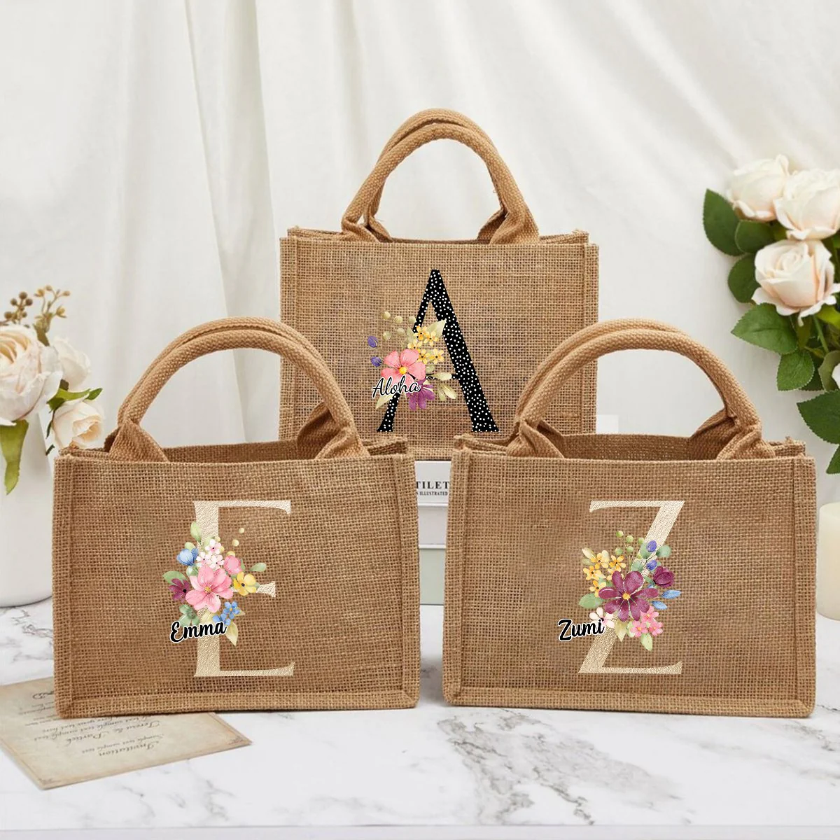 Personalized Alphabet Letter Floral Monogram Name Jute Tote Bag - Image 5