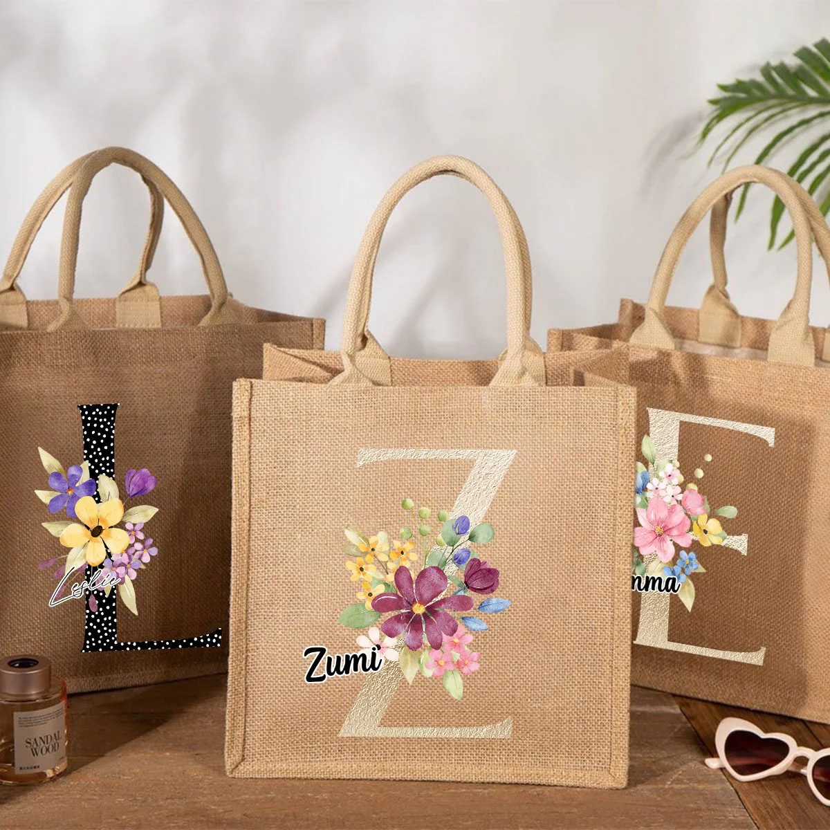Personalized Alphabet Letter Floral Monogram Name Jute Tote Bag - Image 6