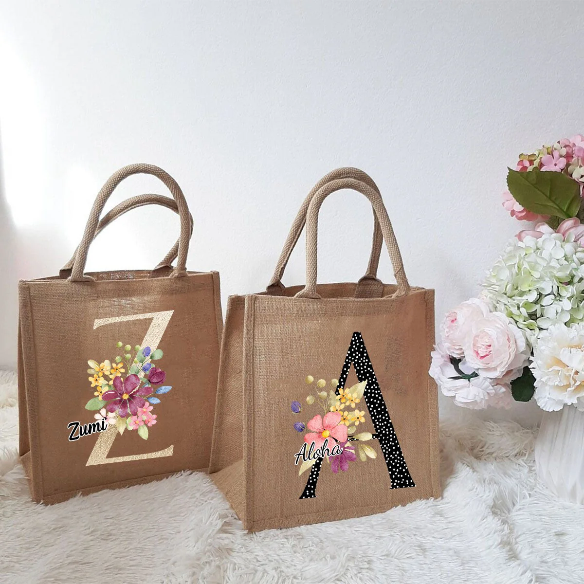 Personalized Alphabet Letter Floral Monogram Name Jute Tote Bag - Image 9