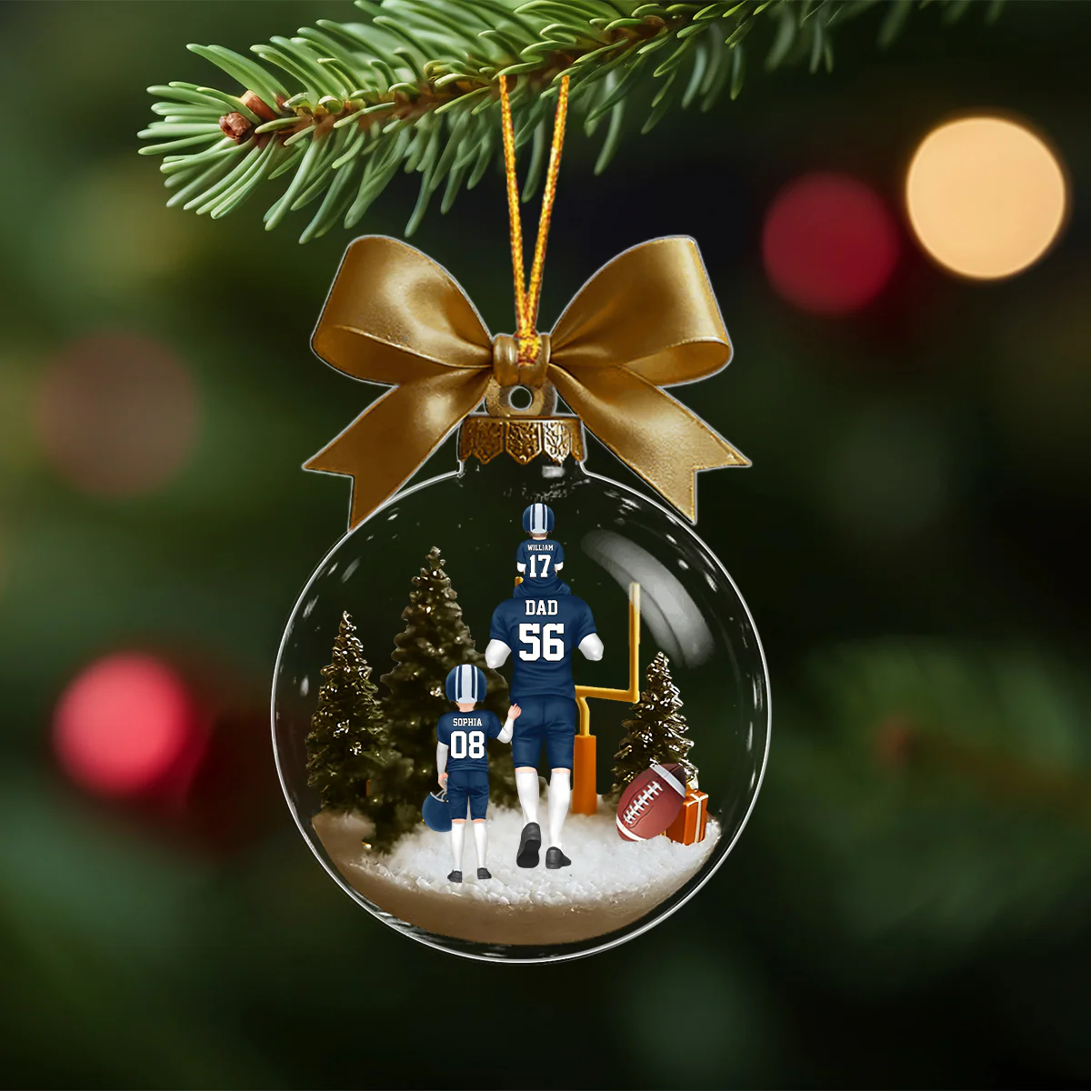 Personalized American football Dad & Kids Bow Acrylic Ornament - Image 2